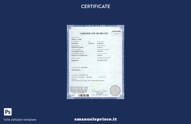 modello di certificato di morte dello stato USA del New Jersey in stile verifica